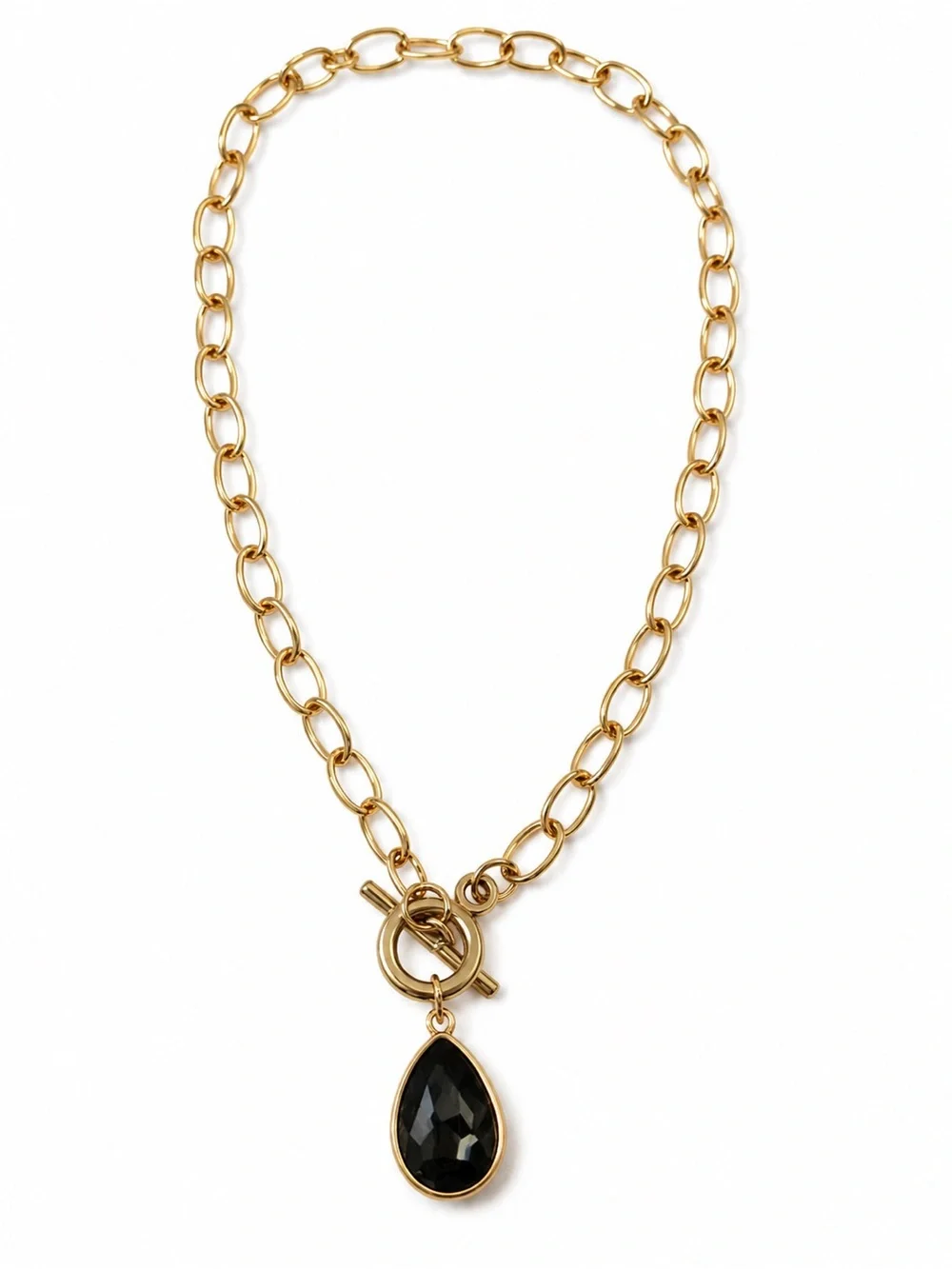 Vintage Gold Tone Toggle Chain Necklace Black Teardrop Crystal Pendant Statement